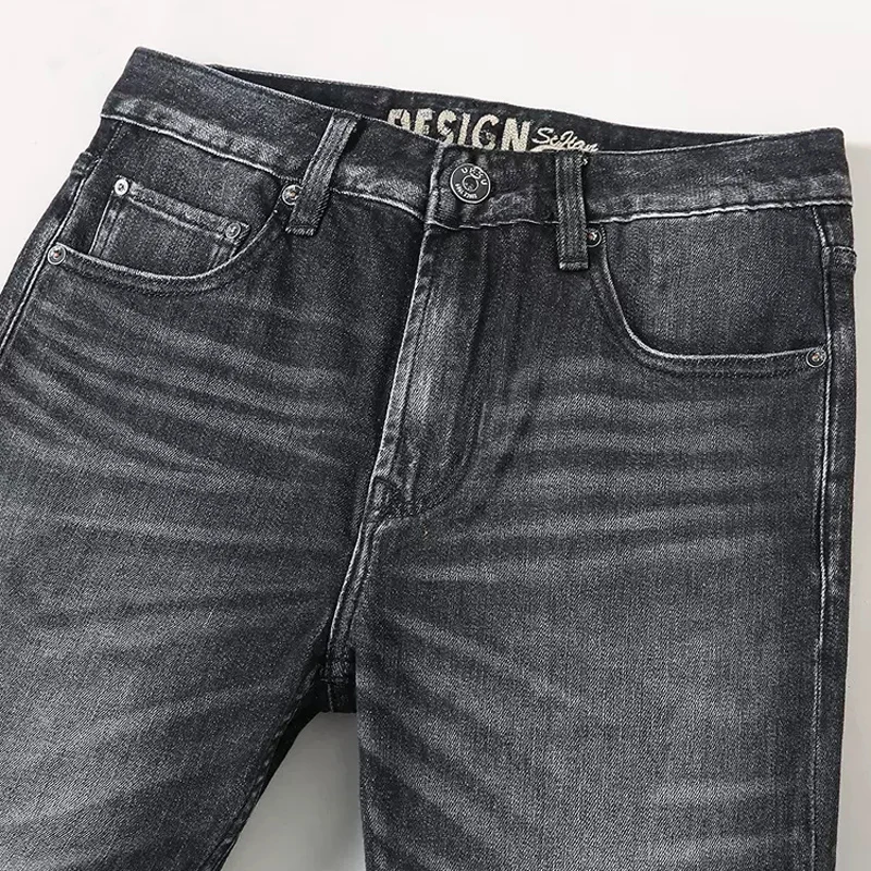 European Fashion Men Jeans High Quality Retro Black Gray Elastic Slim Fit Ripped Jeans Men Vintage Designer Denim Pants Hombre