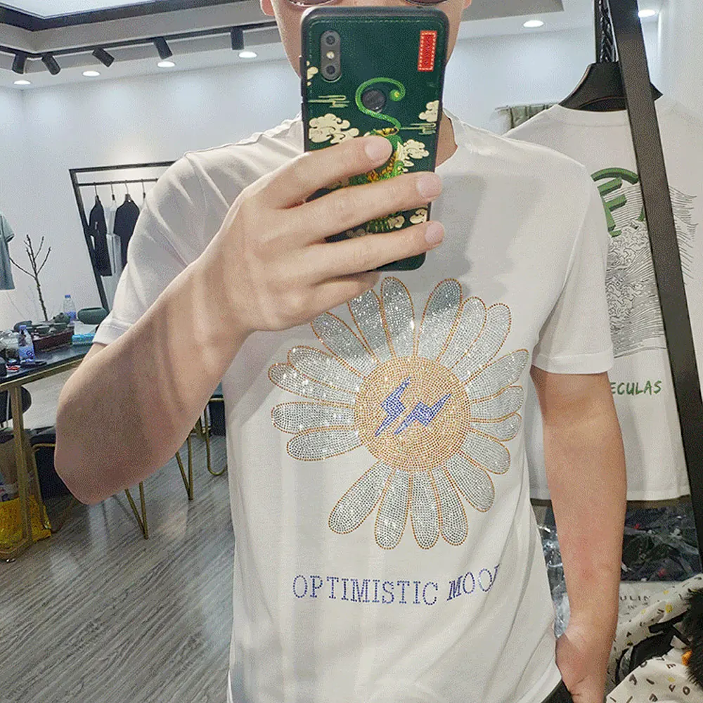 Men\'s Sunflower Sparkle Diamond T-shirts For Men O-neck Design Short Sleeve T shirt Cotton Tops S-5XL Oversize Man clothing