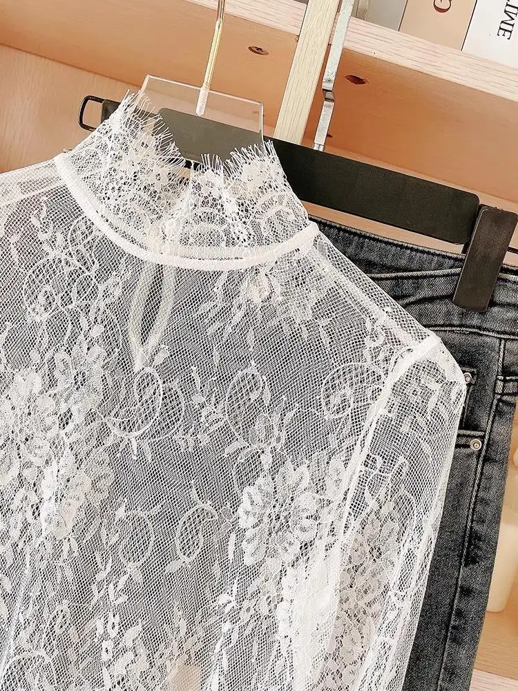 

Сексуальная кружевная базовая блузка для женщин, весна-осень, тонкая, с вырезами, с длинным рукавом, сетчатый топ с эффектом перекрытия, высокий воротник, сетчатая верхняя одежда