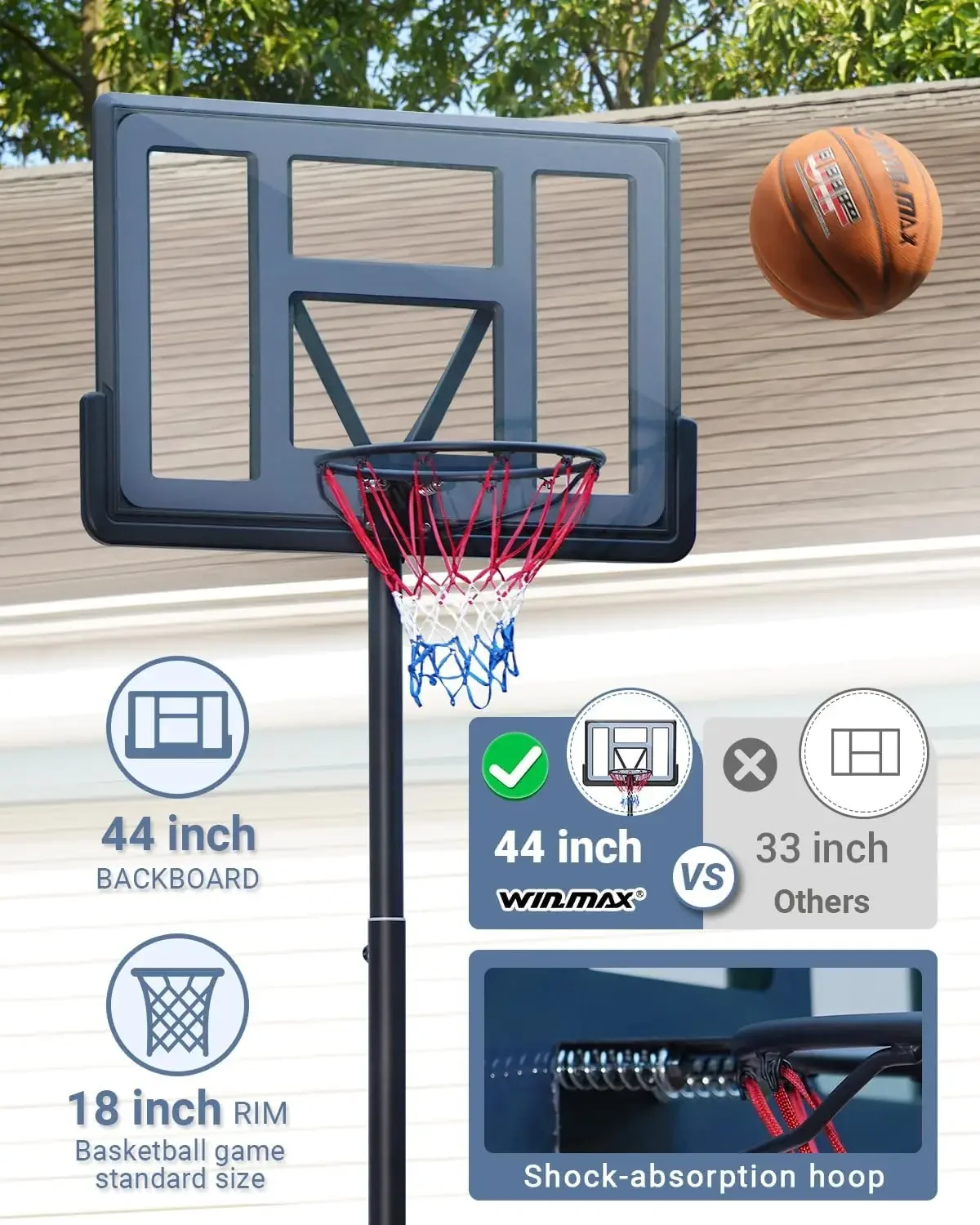 Basketball Hoop Outdoor 3.8-10ft Adjustable Height, 44inch Backboard, Swimming Pool Basketball Hoop & Goal for Kids/Adul