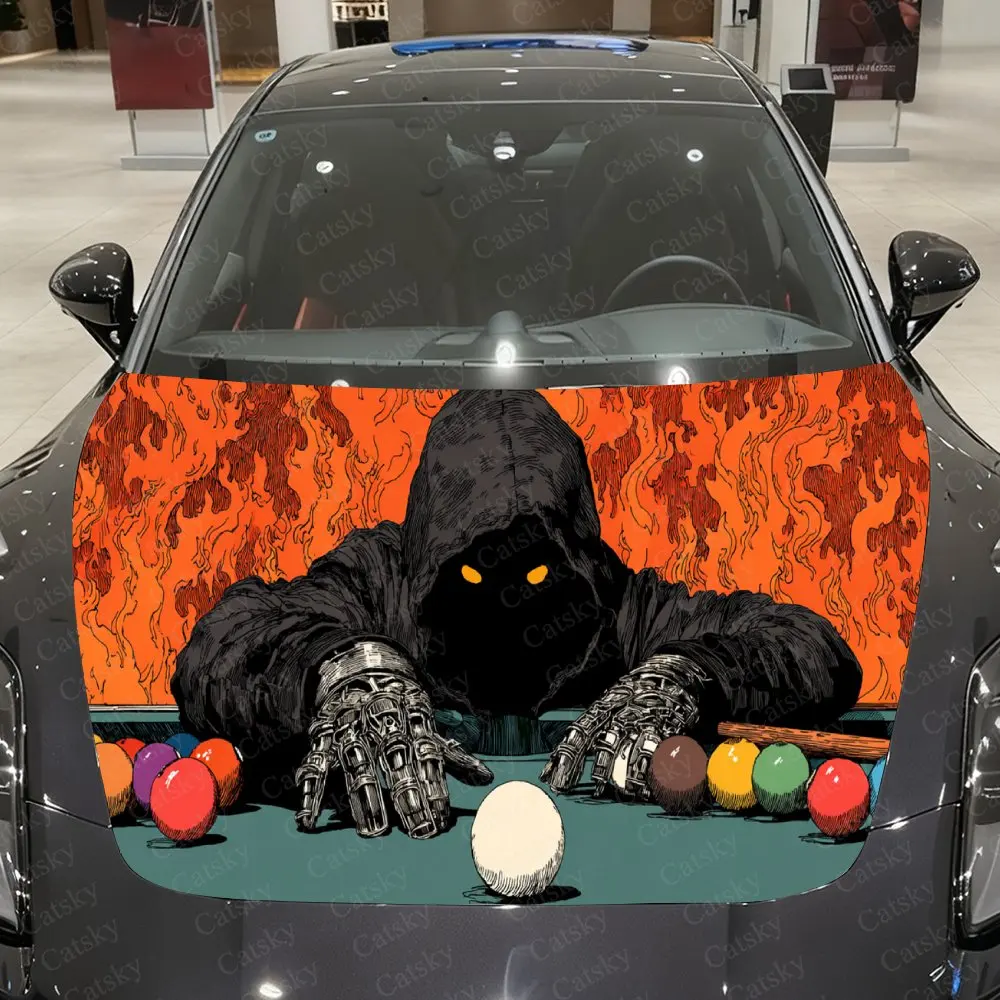 Mysterious Billiards Reaper and Flame Car Cover Decal, Auto Hood Sticker, Waterproof and Self-adhesive Auto Vinyl Wraps, Cool Ca
