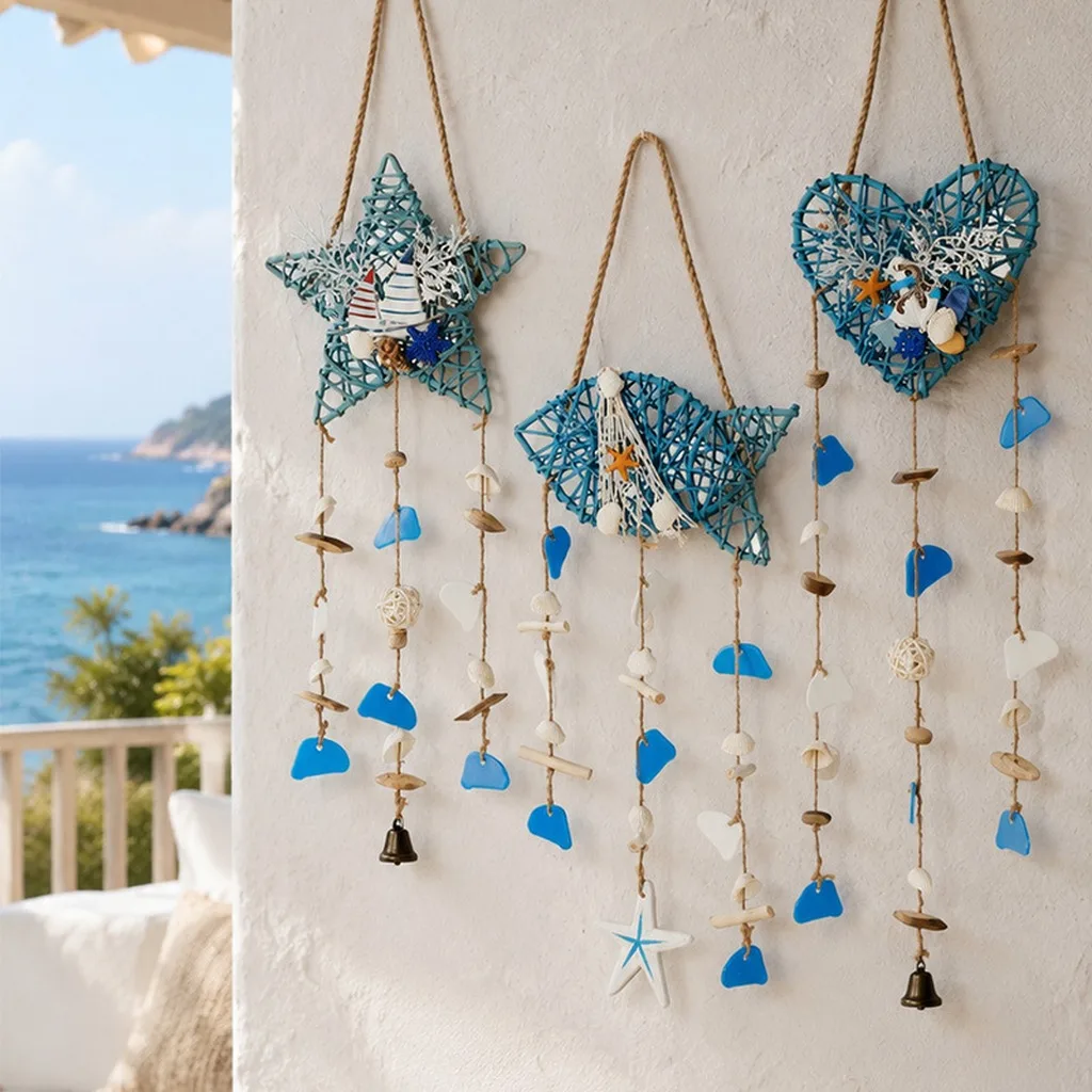 Hand Woven Mediterranean Ocean Wind Chimes, Shell And Starfish Bell Hanging Decorations Ocean And Beach Themed