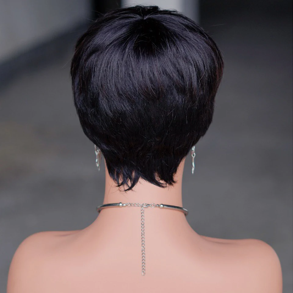 Perruques de cheveux humains droites coupe Pixie pour femmes noires, perruque bresillienne courte, perruques fabriquées à la machine avec frange, pas de perruque en dentelle bon marché