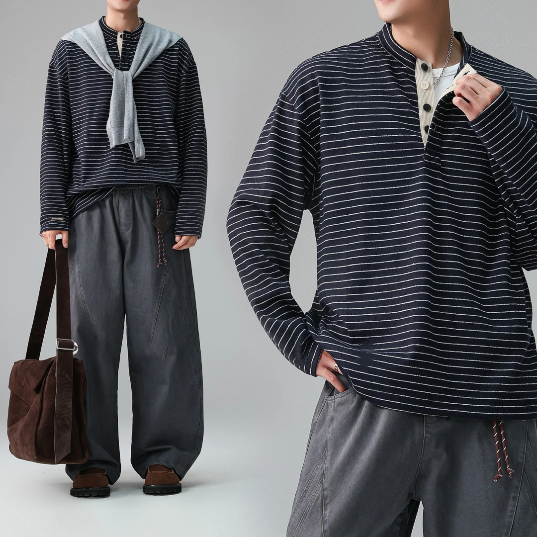 Mens Henley Long Sleeve T Shirt Striped Plus Size Loose Casual Trendy High Quality Streetwear Spring Autumn Pullover Undershirt
