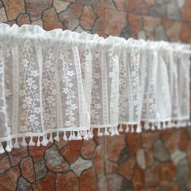 White Sheer Lace Tie Up Curtain Valance for Cabinet Cafe Kitchen Delicate Floral Roman Short Half Bay Voile Home Decor Drapes