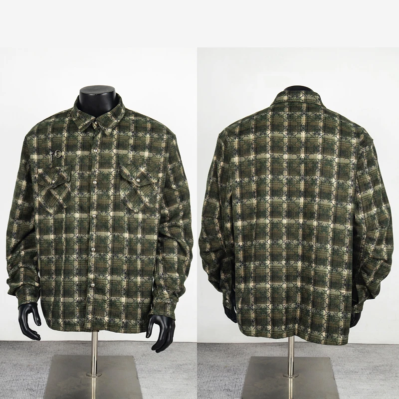 

Мужская и женская уличная одежда Thug Клубные рубашки Модная зеленая клетчатая куртка с длинным рукавом Star Moon с полным принтом и металлическим логотипом THUG CLUB