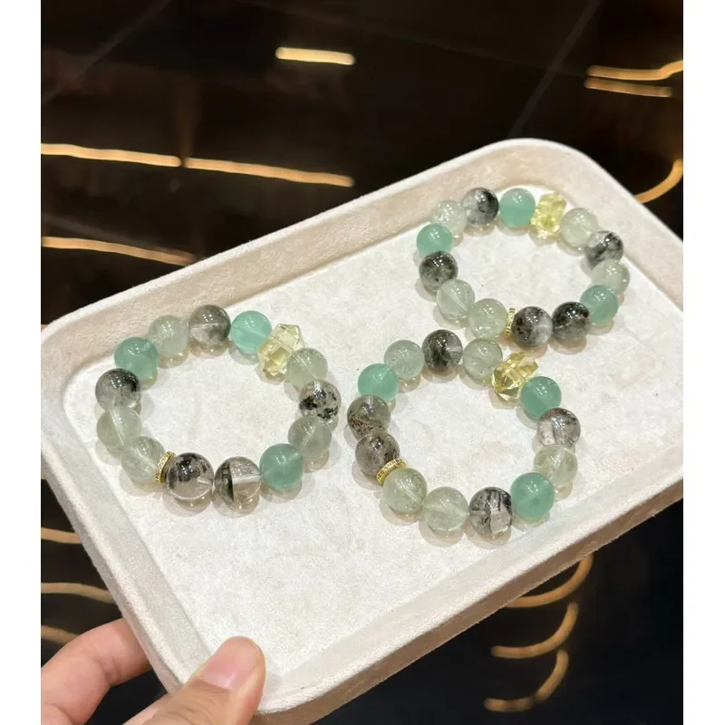 Five Elements Happy Wood Earth, Green Ghost, Matching, Green Fluorite Green Crystal, Lemon Citrine Bracelet