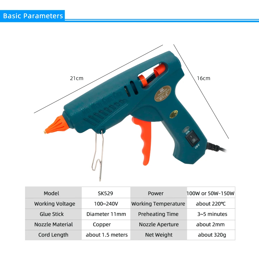 Hot Melt Glue Gun 100W or 50W-150W SK529 Constant Temperature Hot Melt Gun 11mm Glue Sticks Industrial Melt Gun DIY Repair Tools