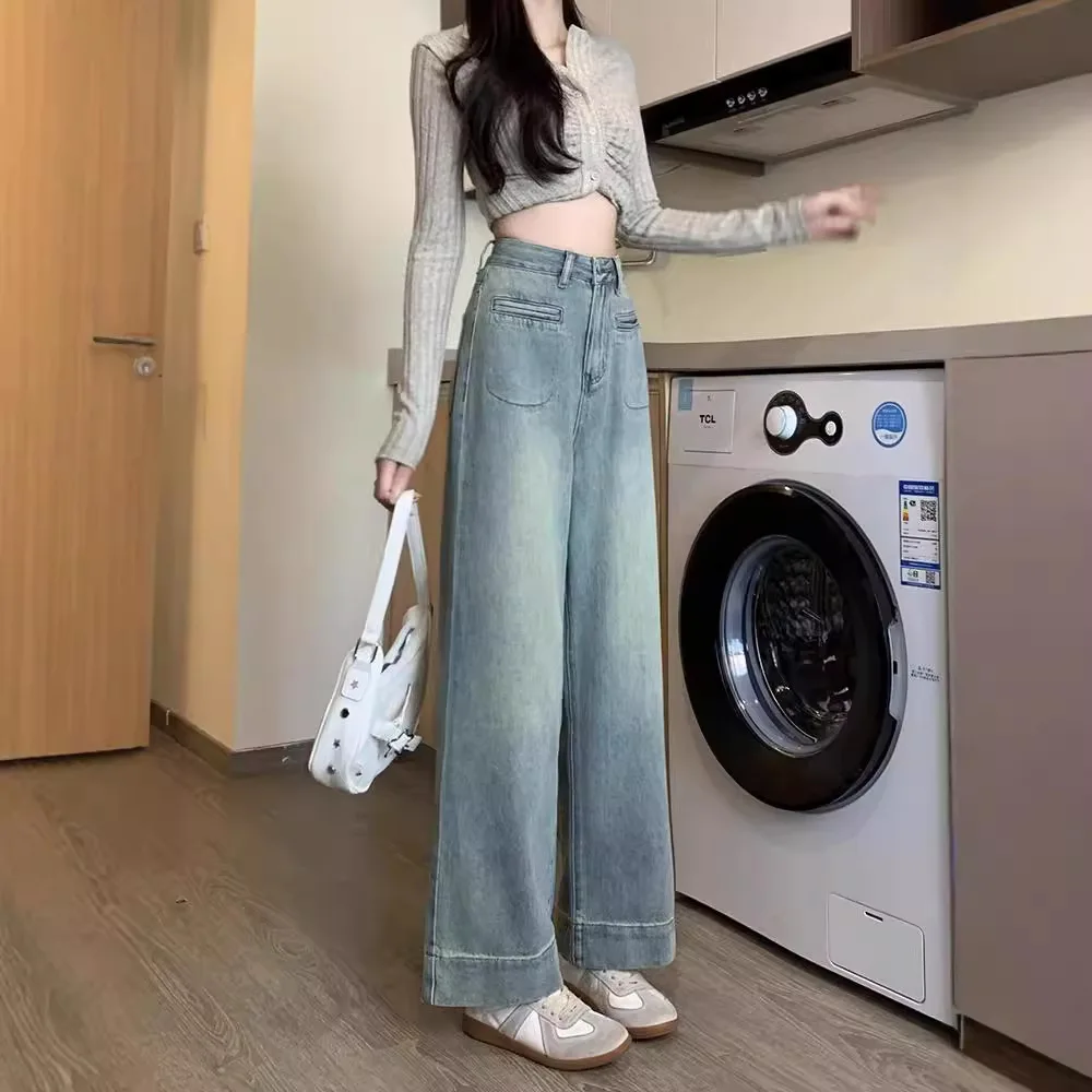 Straight Jean Ankle Length Denim Pants Women Jeans High Waist Spliced Distressed Vintage Zipper Fly 2025 Loose Fit Washed