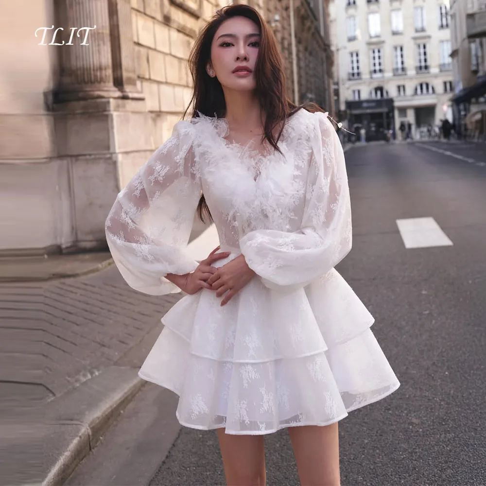 TLIT Elegant White Organza Short A-Line Evening Dress V-Neck Prom Gowns Tiered Feather Long Sleeve Customized vestidos de fiesta