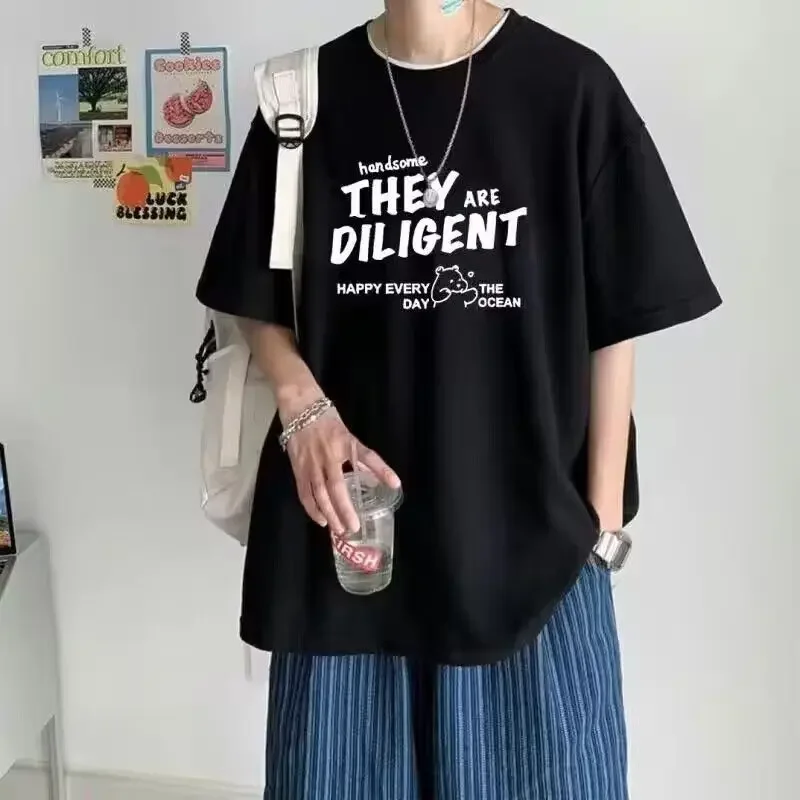 LIBIELIY Fashion O-Neck Loose All-match Printed Letter T-Shirts Men's Clothing 2024 Summer New Oversized Korean Tops Casual Tee