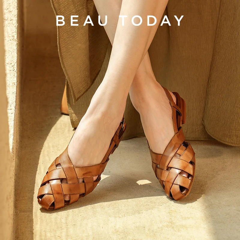 BEAUTODAY Gladiator Sandals Women Cow Leather Cross-tied Cover Pointed Toe Buckle Strap Flats Summer Ladies Shoes Handmade 33034
