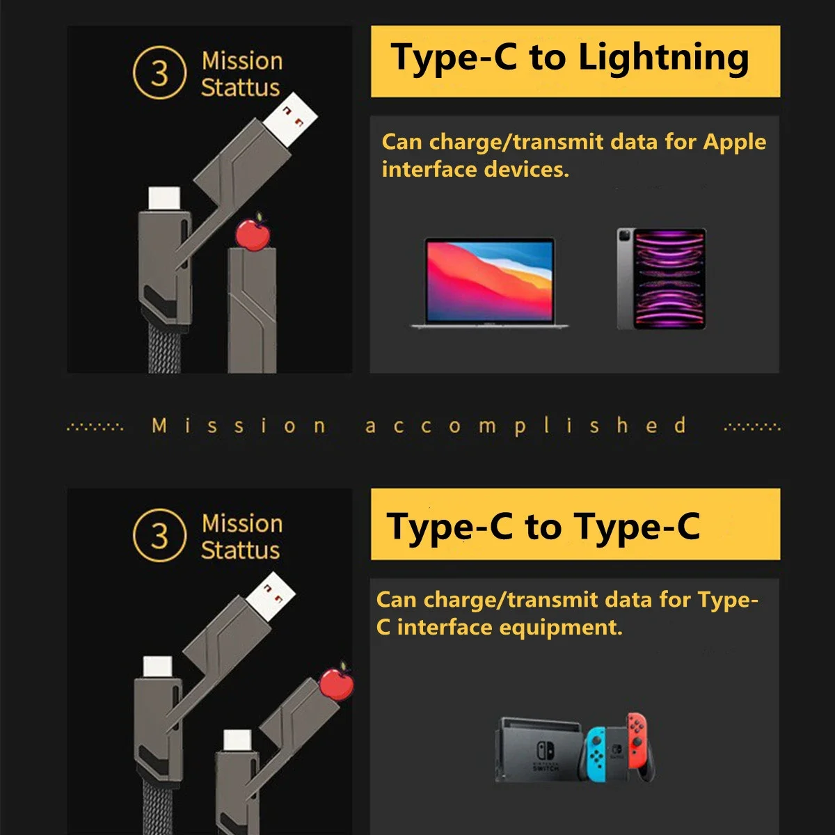 DteeDck 4 in 1 Fast Charging Cable USB A to 8Pin Cable for iPhone 12Pro Max 13 14 USB C to Type C Wire For Samsung Xiaomi OPPO