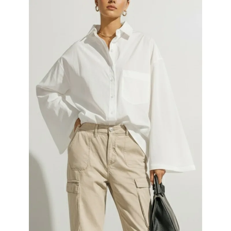 

Женская классическая белая рубашка с асимметричным подолом Tinaa, весна 2026, простая свободная модель с отложным воротником, на пуговицах, с длинным рукавом, для повседневной носки, топ 198825