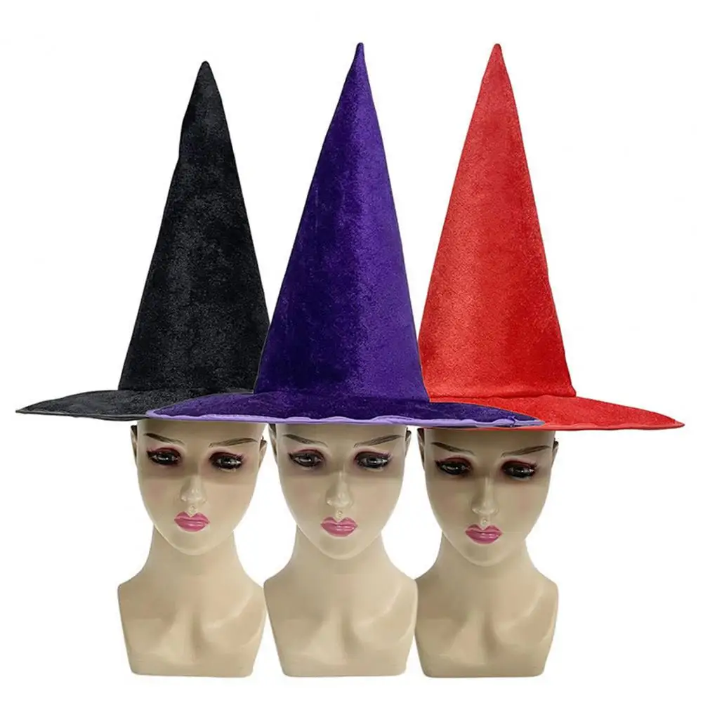 Velvet Witch Hat for Halloween Costume, Pointed Wizard Cap with Wide Brim, Dark Fantasy Festival Headwear 3