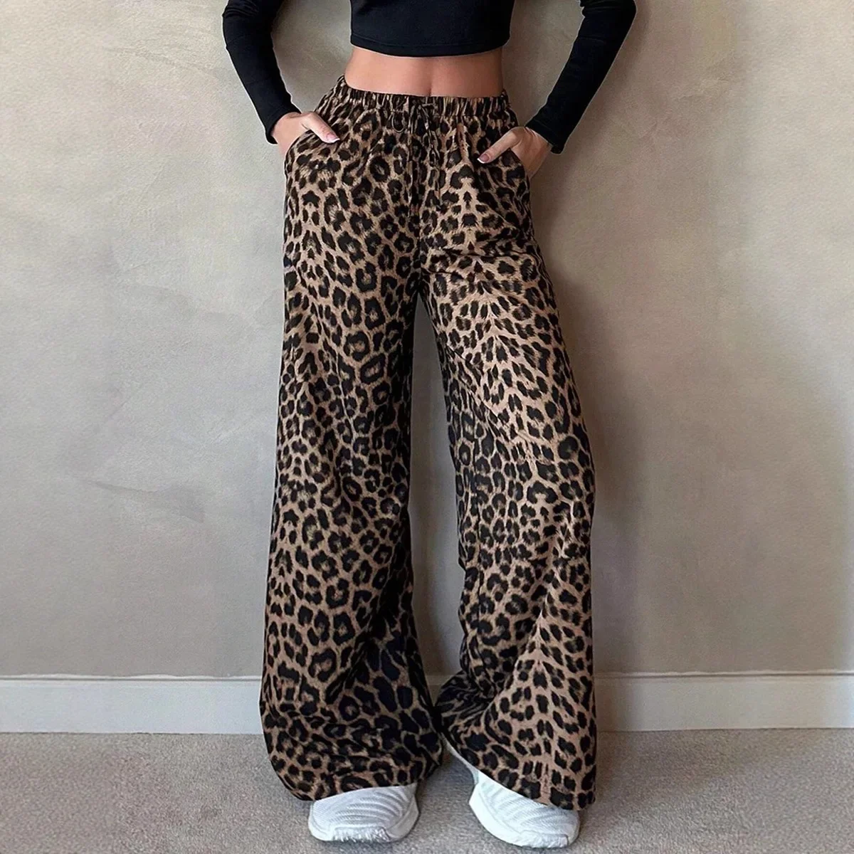 

2025 High Waist Leopard Print Wide Leg Pants Women Casual Loose Straight Trousers Autumn