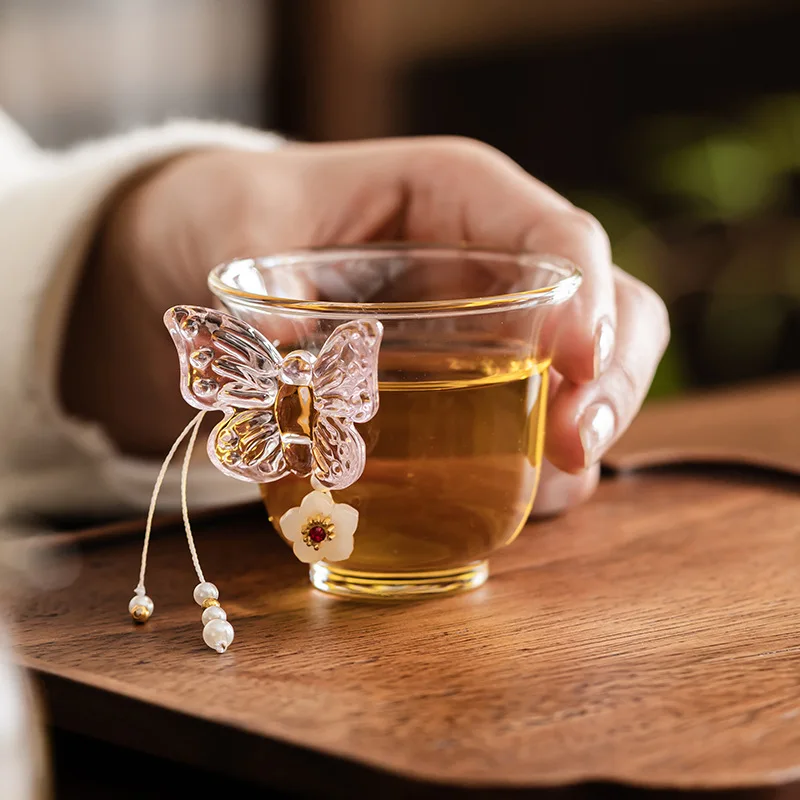 High Borosilicate Glass Teacup Butterfly Bell-shaped Cup Owner Cup Tea Tasting Cup Transparent Small and Fresh Household Teaware