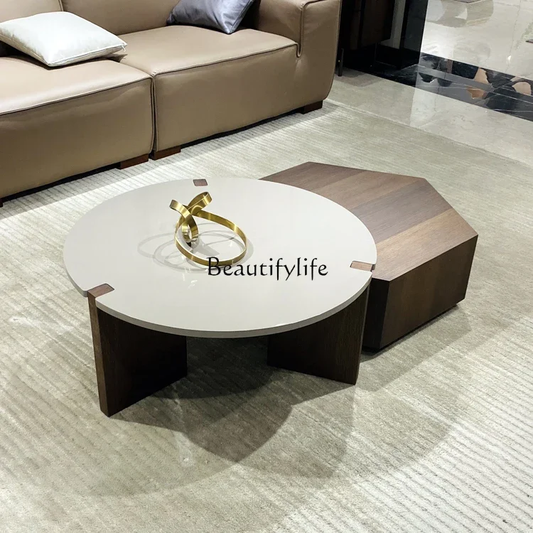 

46Italian minimalist solid wood coffee table round home living room retro style walnut color