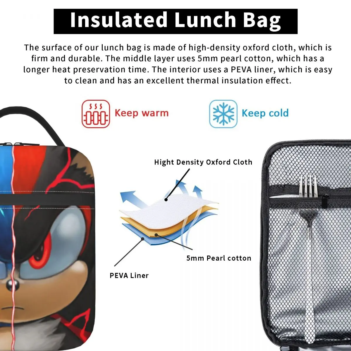Sonic Shadow Insulated Lunch Bag for Women Children Portable Food Boxes Thermal Lunch Box Tote