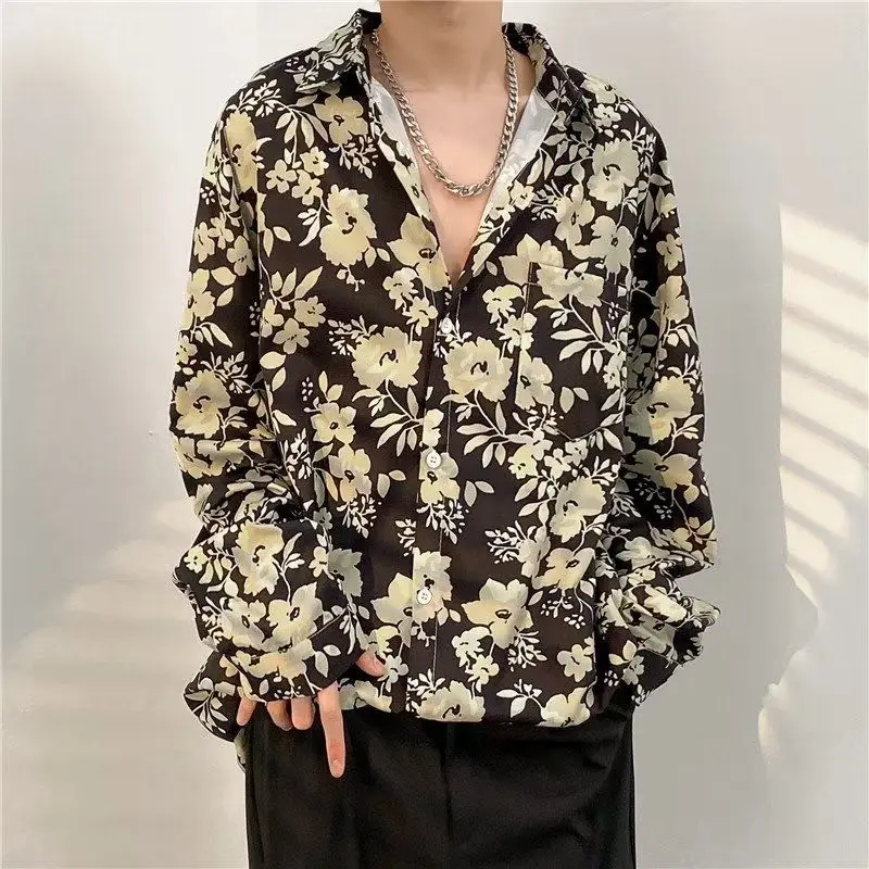 

Loose Long Sve Men's Printed irt Hong Kong Sle Casual Faion Spring Autumn Polyester Fiber Stand Fit Sun Protection