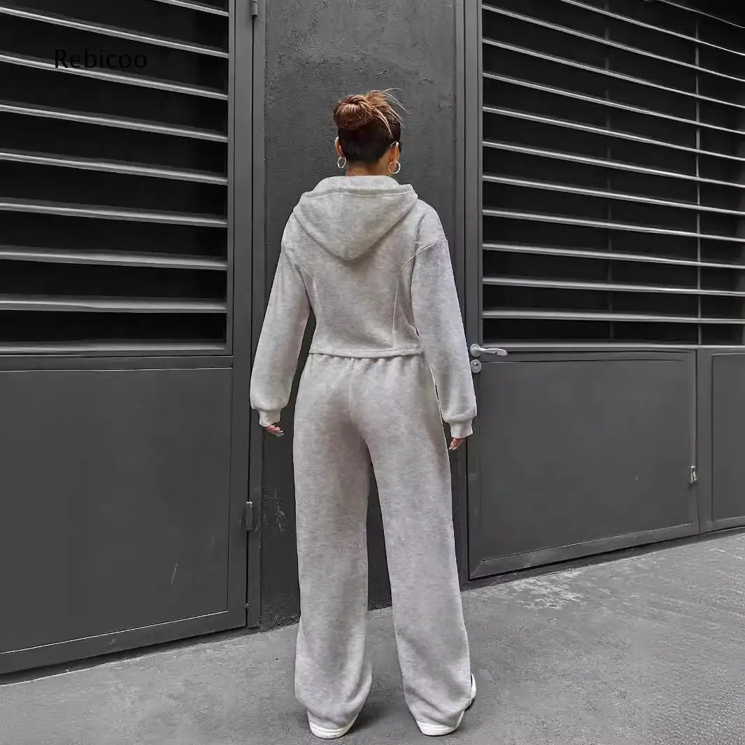 Matching Hoodie Tracksuit For Women Zip Up Fitted Hooded Top And Comfortable Wide Leg Trousers For Multiple Occasion Uses