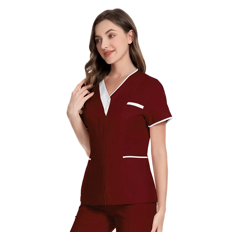 Manga curta algodão v-Neck cirúrgicos uniformes, feminino clínica Workwear, beleza Salon Tops, médico e enfermeira uniformes, uniformes hospitalares