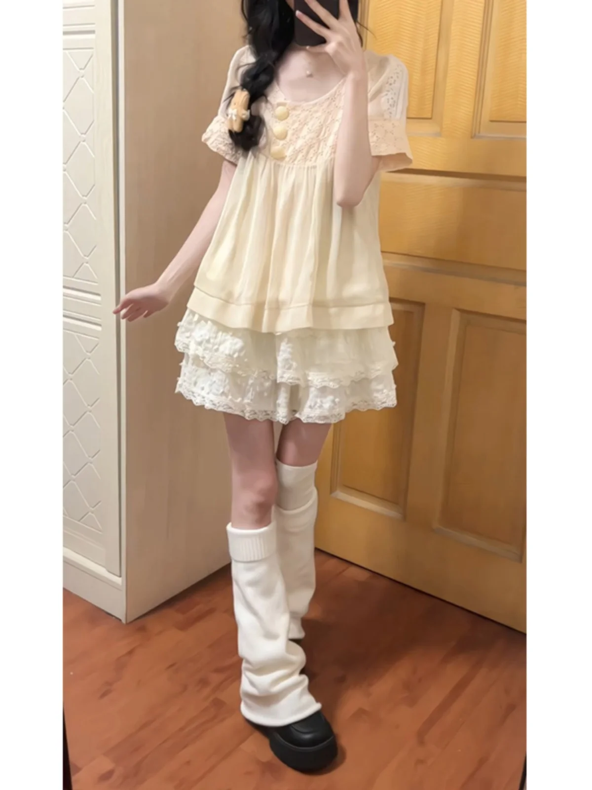 Sweet And Spicy Yellow Half Skirt Women's Summer New Design High Waist Puffy Cake Skirt Lace  Korean Style Commute