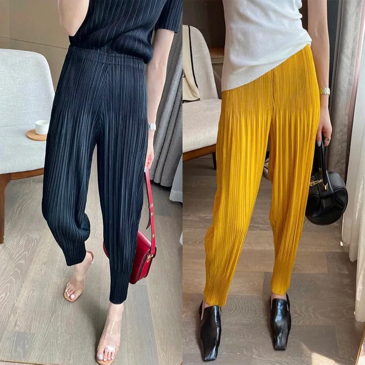 

Elegant Women Solid Pleated Harem Pants Loose Ankle Length Elastic High Waist Casual Long Streetwear Trousers Pantalon Femme