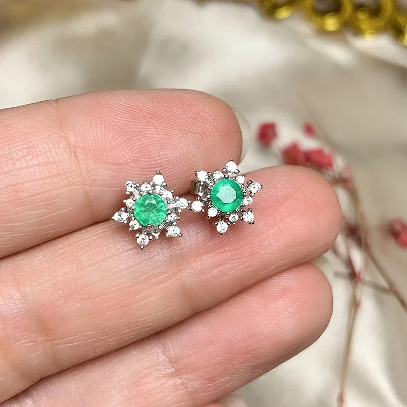 

925 Silver Snowflake Stud Earrings 3.8mm Natural Emerald Silver Earrings Real Sterling Silver Emerald Earrings