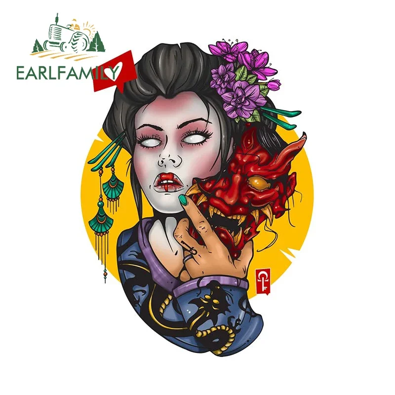 EARLFAMILY 13cm x 10.4cm Japanese Geisha Funny Car Stickers Demon Mask Snake Tattoo Decals Decal Beautiful Laptop Accessories