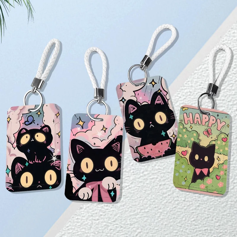 น่ารัก Black Cat Bank ธุรกิจผู้ถือบัตรนักเรียนรถบัสอาหารการ์ดป้องกันกรณี Lanyard อะคริลิค Photocard ผู้ถือ
