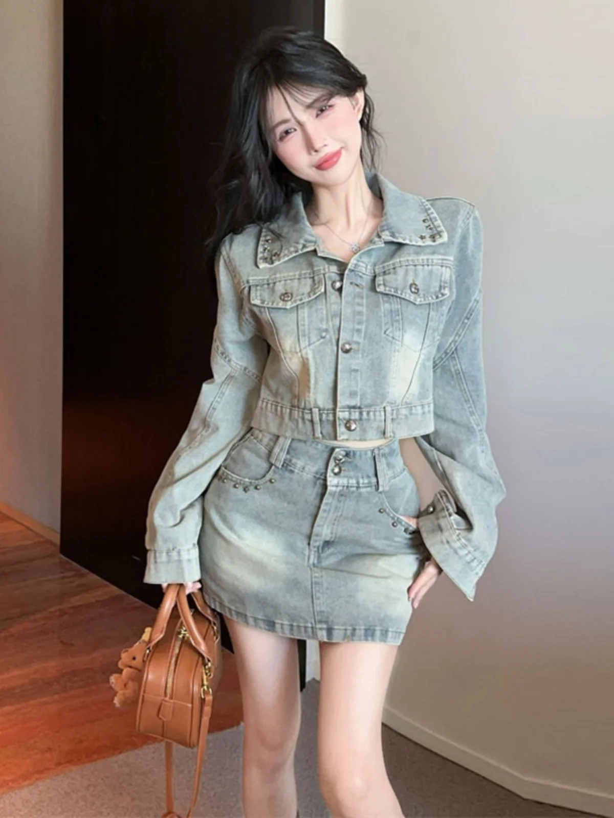 

Retro American Denim Jacket And Skirt Set Women's Fashion Spring Outfit A-Line Style Long Sleeve Button Closure Cotton
