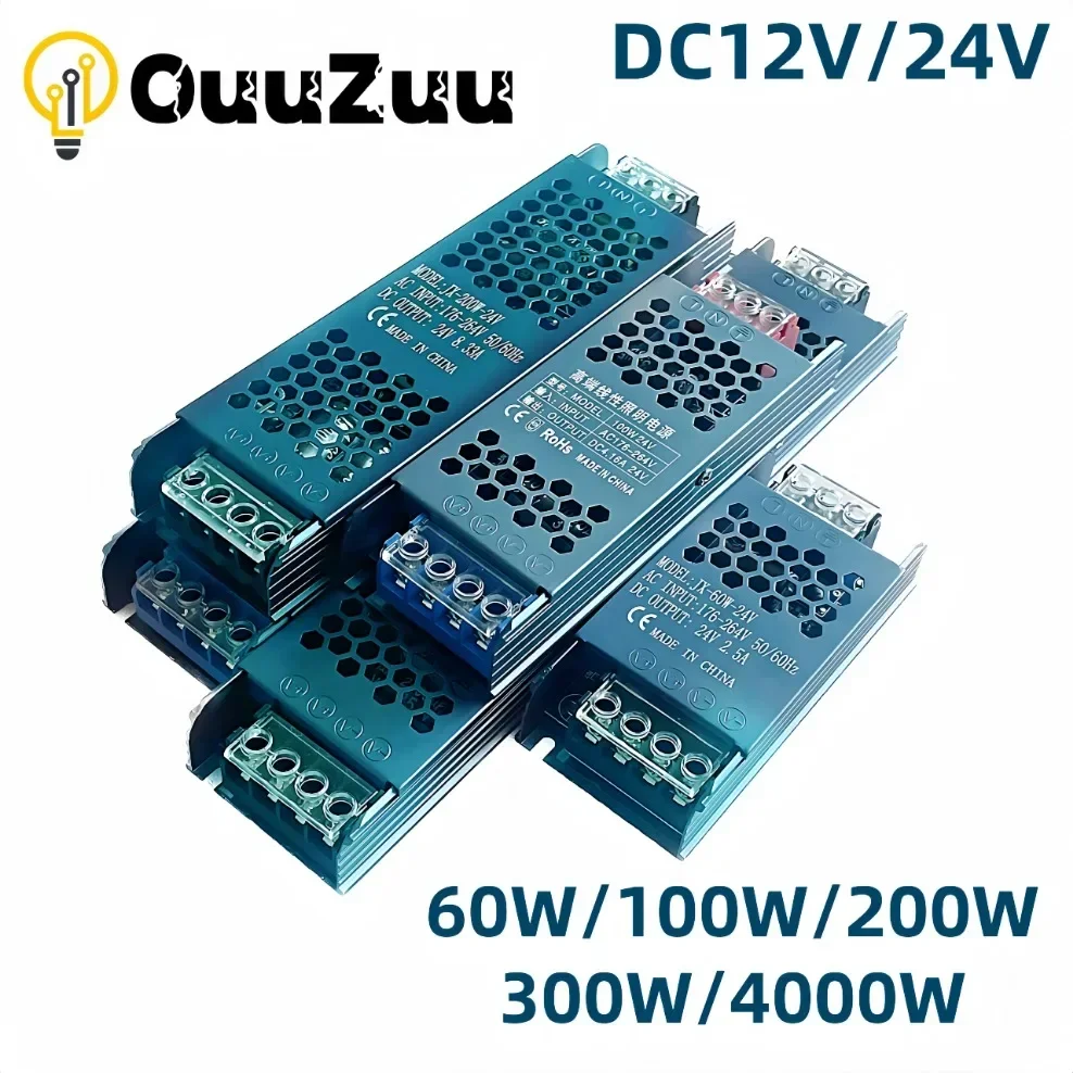 DC 12V/24V Ultra Thin Power Supply Adapter 5A 12A Lighting Transformer For LED Strip Switch Driver Lamp 60W 100W 200W 300W 400W