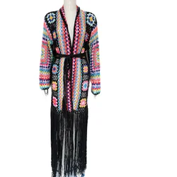 Boho Black Multi Color Crochet  Fringe Kimono Cardigan Necessary Elegant Colorful Handmade Granny Cover Up Knitwear