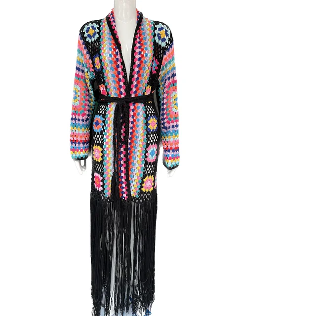 Cárdigan tipo kimono con flecos de ganchillo multicolor, color negro bohemio, necesario, elegante, hecho a mano, cárdigan cuadrado para abuela, prendas de punto