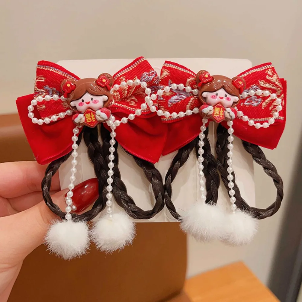 

Ancient Style Children's New Year Hairpin Princess Red New Year Bow Hairpins Plush Ball Wig Braid Girls Hanfu Headwear