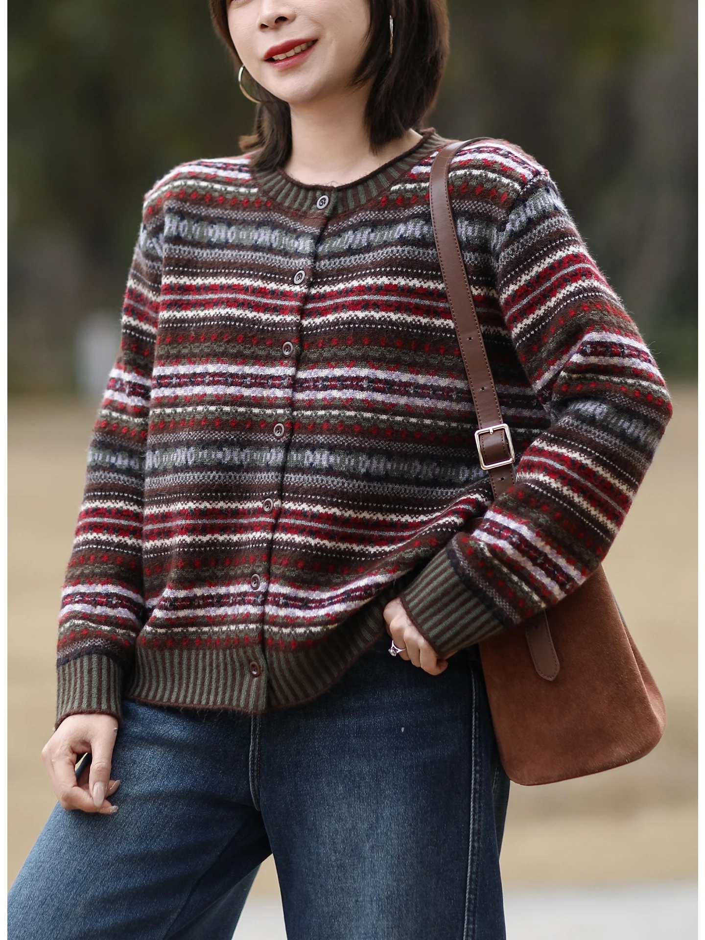 

Вязаный свитер для женщин, зимний, модный, винтажный, с узором Fair Isle, с длинными рукавами, круглым вырезом, теплый и уютный.