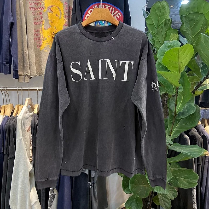 Retro Saint XXX Long Sleeve T-Shirt Men's Vintage Style Letter Print Worn out Casual Cotton round Neck Sweatshirt