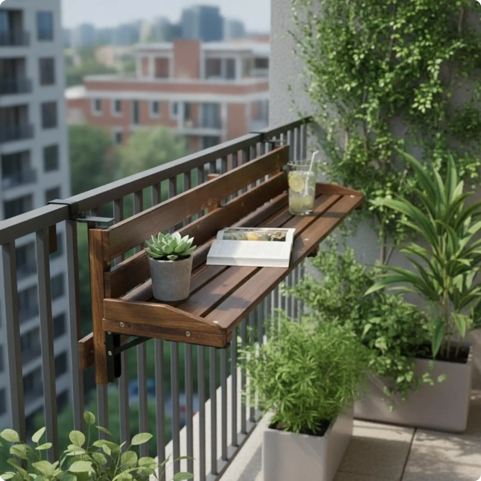 Folding Balcony Railing Wood Adjustable Table Space Saving Furniture Railing Table for Small Apartment Outdoor