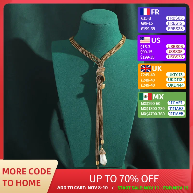 

Винтажные ювелирные изделия золотого цвета с медным покрытием, металлическая линия, ожерелье с кисточками, кулон с жемчугом в стиле барокко, цепочка для свитера, Y-образный аксессуар 2024