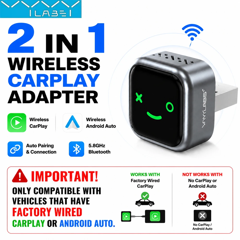Vyvylabs Wireless CarPlay Adapter Android Auto Converter for Wired CarPlay Auto Pairing Dual Phone Switch for iOS10+ Android 11+