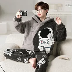 Conjunto de pijama com capuz de astronauta masculino, roupa de dormir quente masculina, pijama coreano inverno, engrossar, adulto