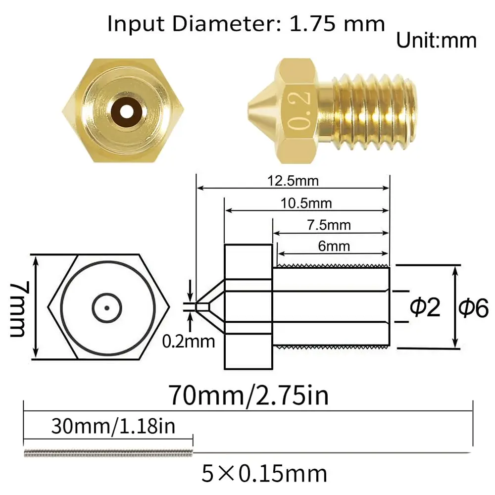 10PCS E3D Nozzles, ExcelFu M6 0.4mm Brass Nozzle Extruder Print Head for 1.75mm Filament E3D V5-V6 3D Printer