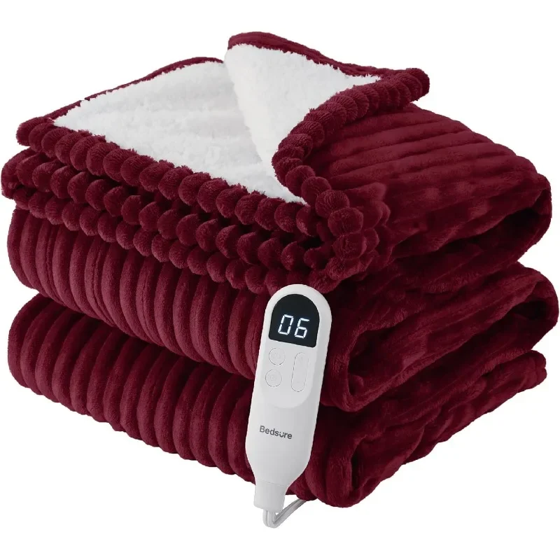 Heated Blanket Electric Throw - Thick Striped Flannel Electric Blanket, Heating Blanket with 4 Time Settings, 6 Heat Settings