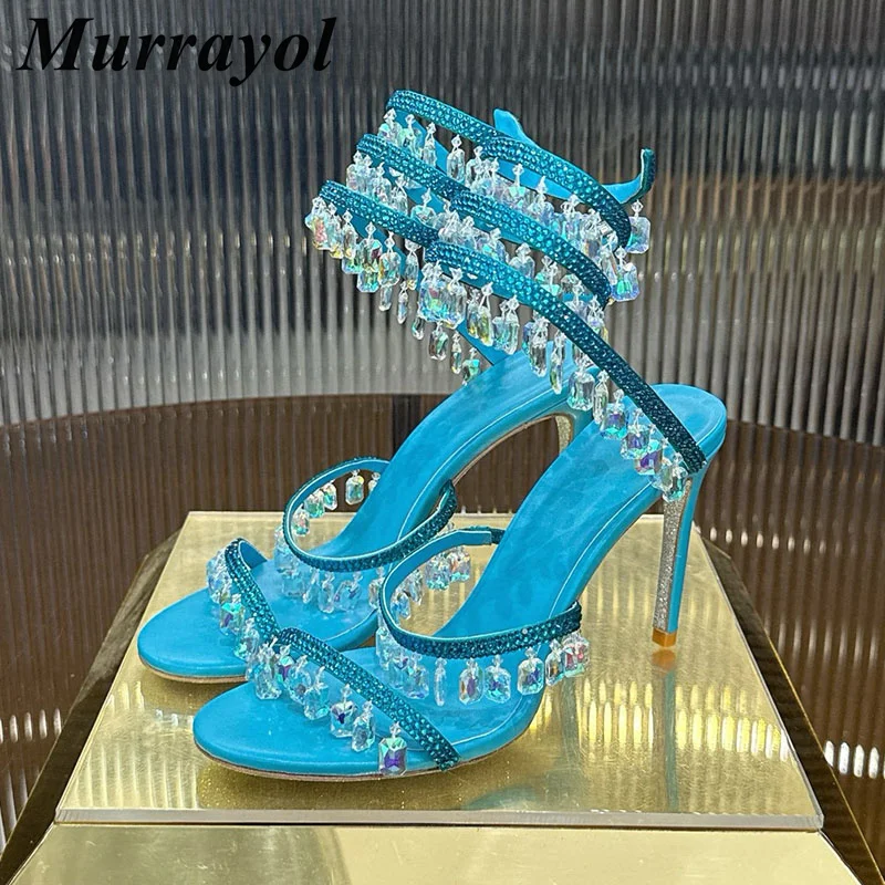 

Sandals Bling Crystal Tassels Decor Thin High Heels Women Real Leather Elastic Band Sandalias Mujer Summer Party Fairy Shoes