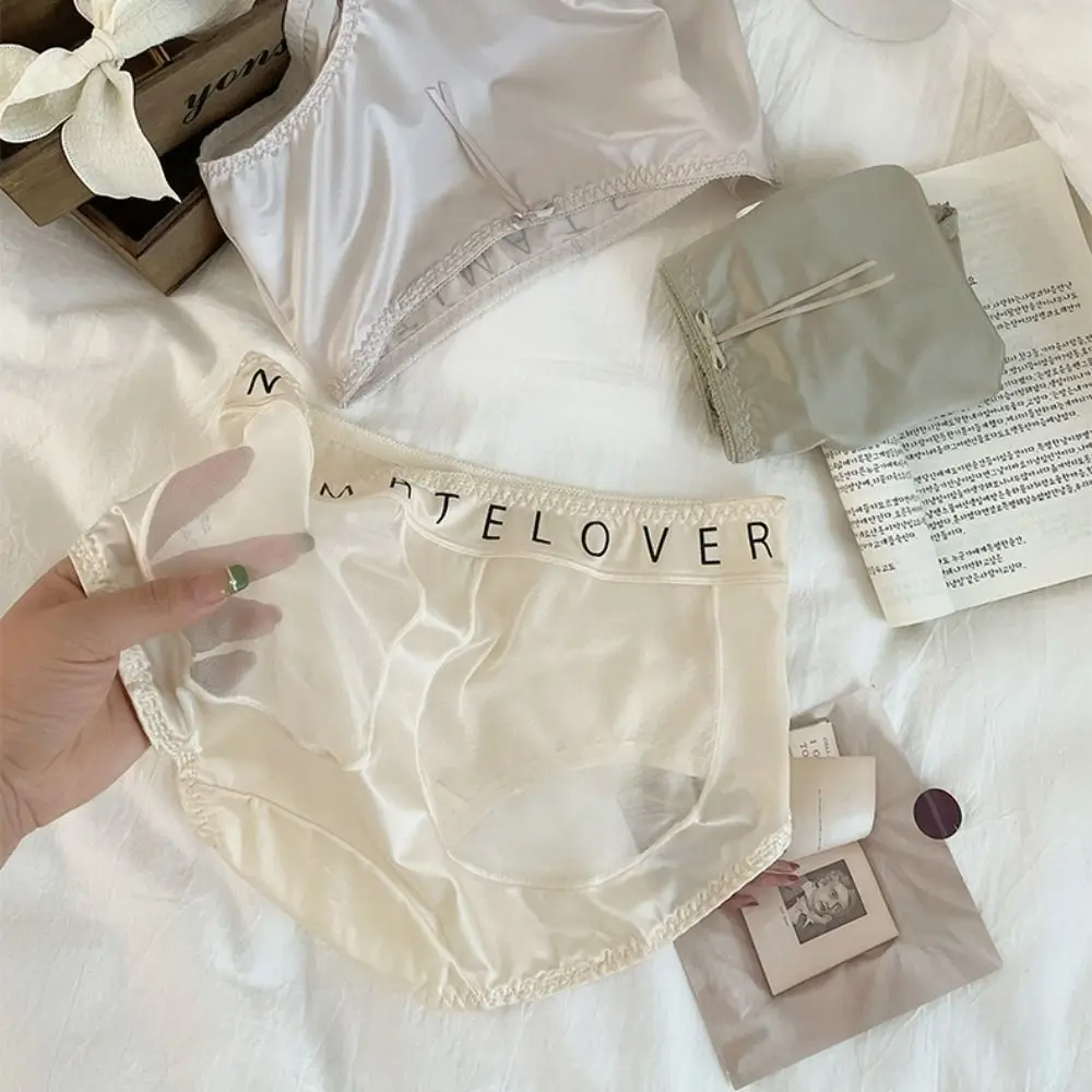 

Soft Mesh Satin Silk Panties Patchwork Cotton Crotch Seamless Briefs Underpants Mid Waist Underwear for Women Gifts