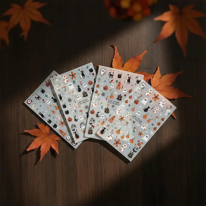 2pcs Halloween Nail Stickers Cartoon Cat Ghost Skull Hand Devil's Eye Snake Design Nail Decals Sliders DIY Manicure Decoration