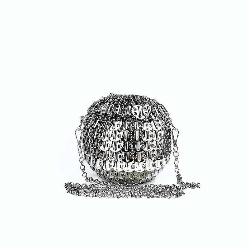 24 new three-dimensional spherical metal hand-woven sequins round shiny silver hottie cross-body bag