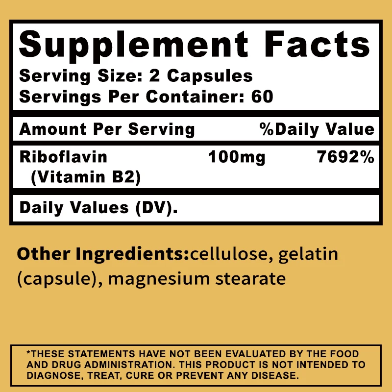 Riboflavin Vitamine B2 - Ondersteunt de gezondheid van de huid, bevordert de productie van mobiele energie - 120 capsules