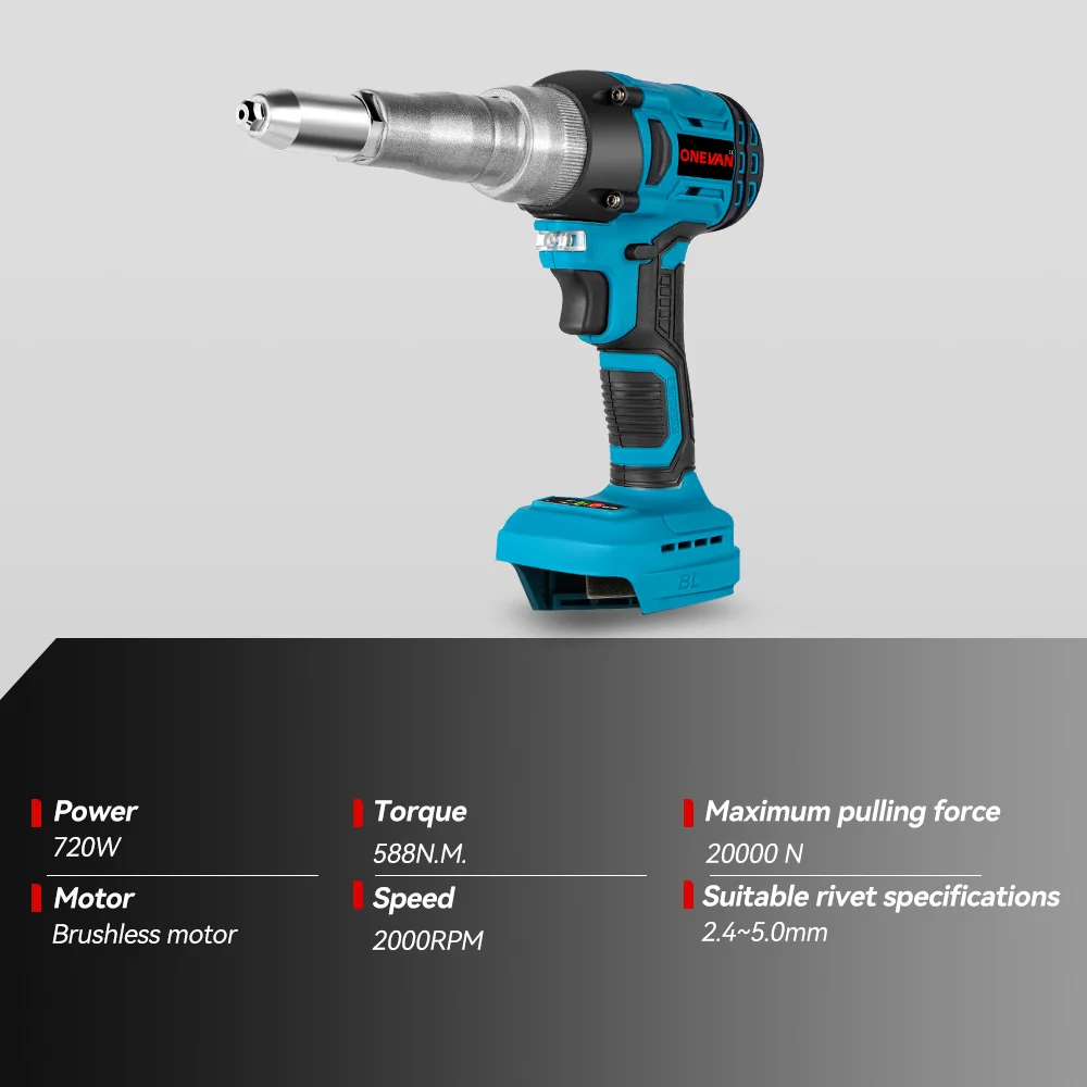 ONEVAN 20000N Cordless Brushless Electric Rivet Gun 2.4-5.0mm Rivet Nut Gun Tool High Power Lightweight For Makita Battery Pin